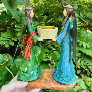 Boho Angels Tea Light Candle Holder Resin Figurine Metal Wings Cottagecore